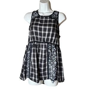 POL Boho Black White Plaid and Floral Sleeveless Top New S